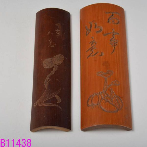 B11438 手彫竹茶合2 1ケは竹香刀の在銘：本物保証　送料無料