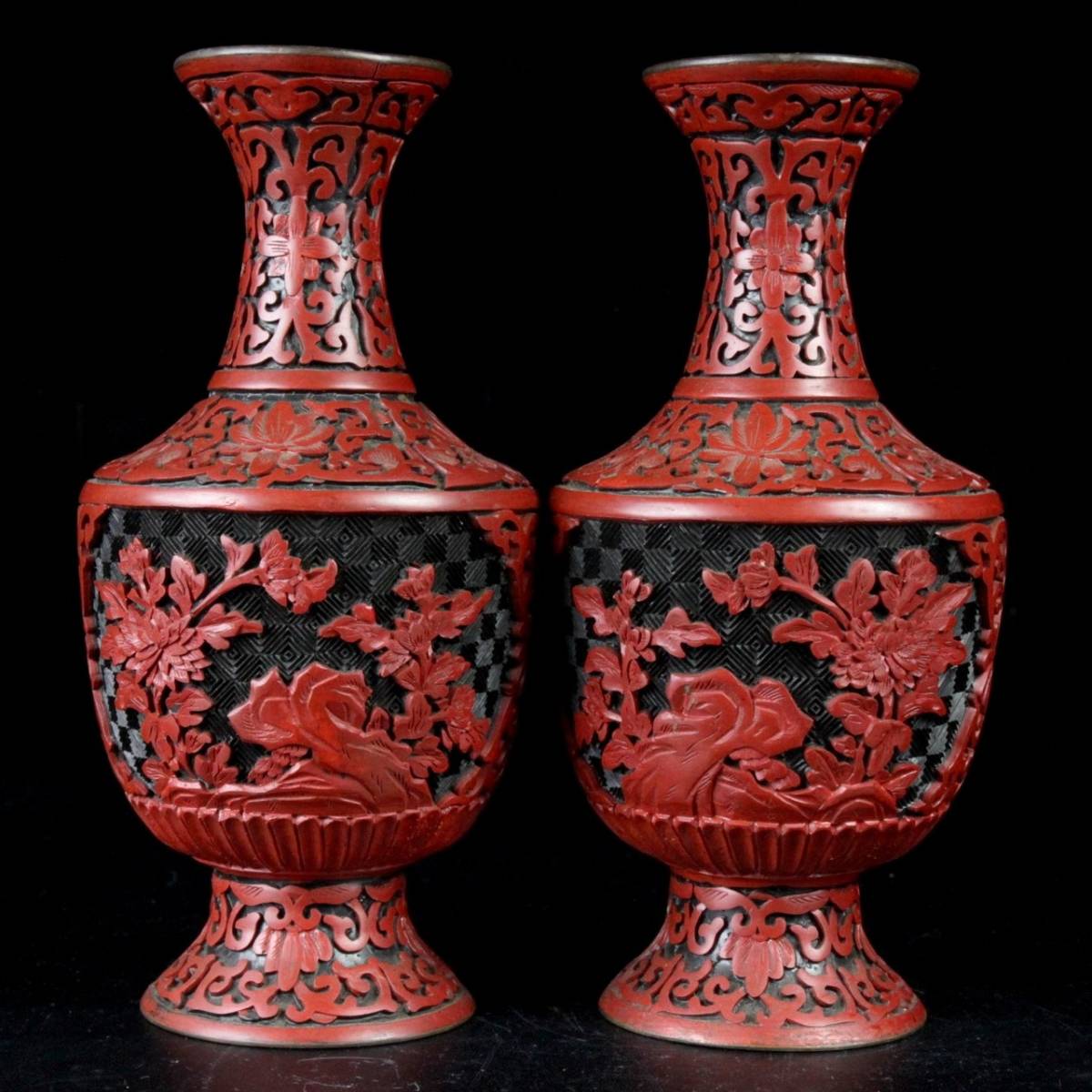新作ウエア 中国美術 中国古玩 堆朱大花瓶 極上剔紅彫草山水漆彫 細密 
