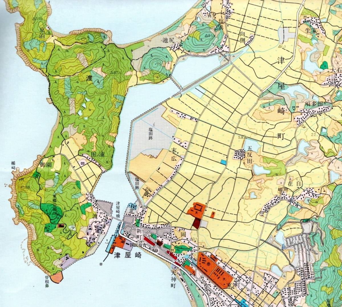 昭和51年国土地理院土地利用図津屋崎　鹿児島本線西鉄宮地岳線等鉄道路線一部・東郷公園・塩田跡・宮地岳神社・国民宿舎等宗像郡　現福津市_画像4