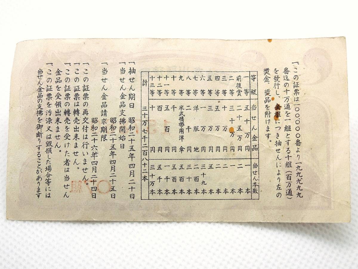 コレクション品 昭和25年 第八回 神奈川懸復興宝くじ 金弐拾円 送料