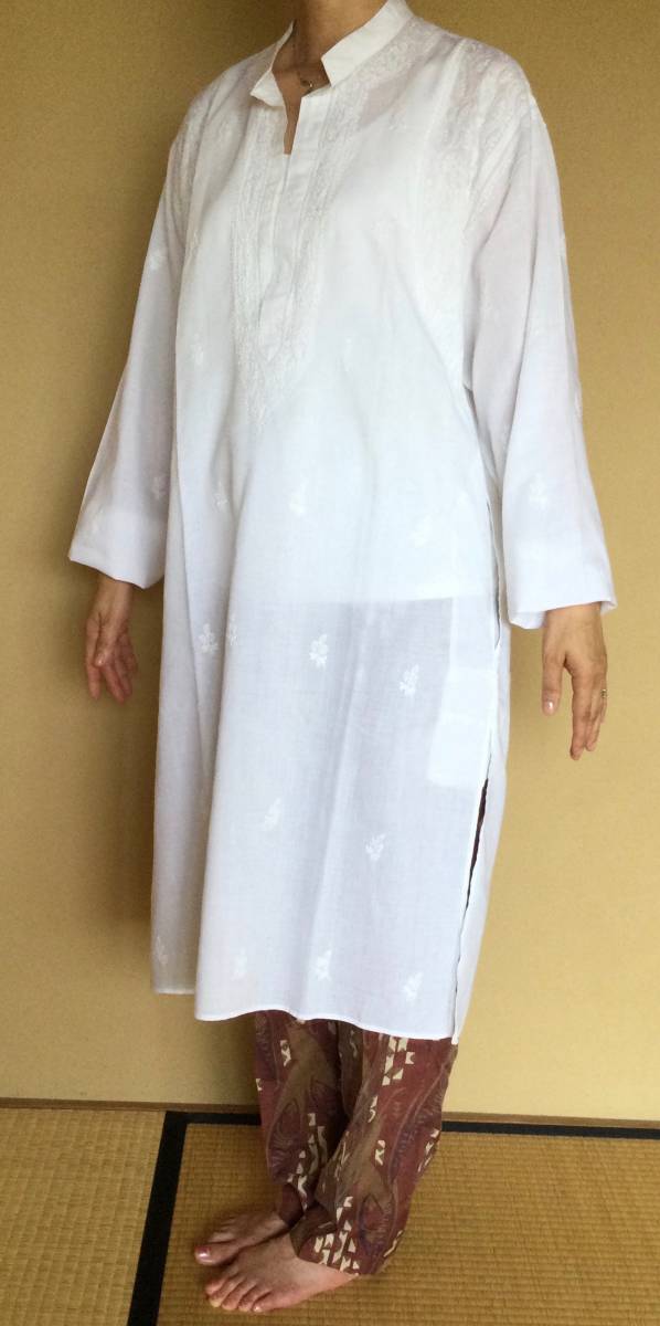 インディアンロングシャツ/ ドレス　(KURTA)　白　レディースL～XLサイズ