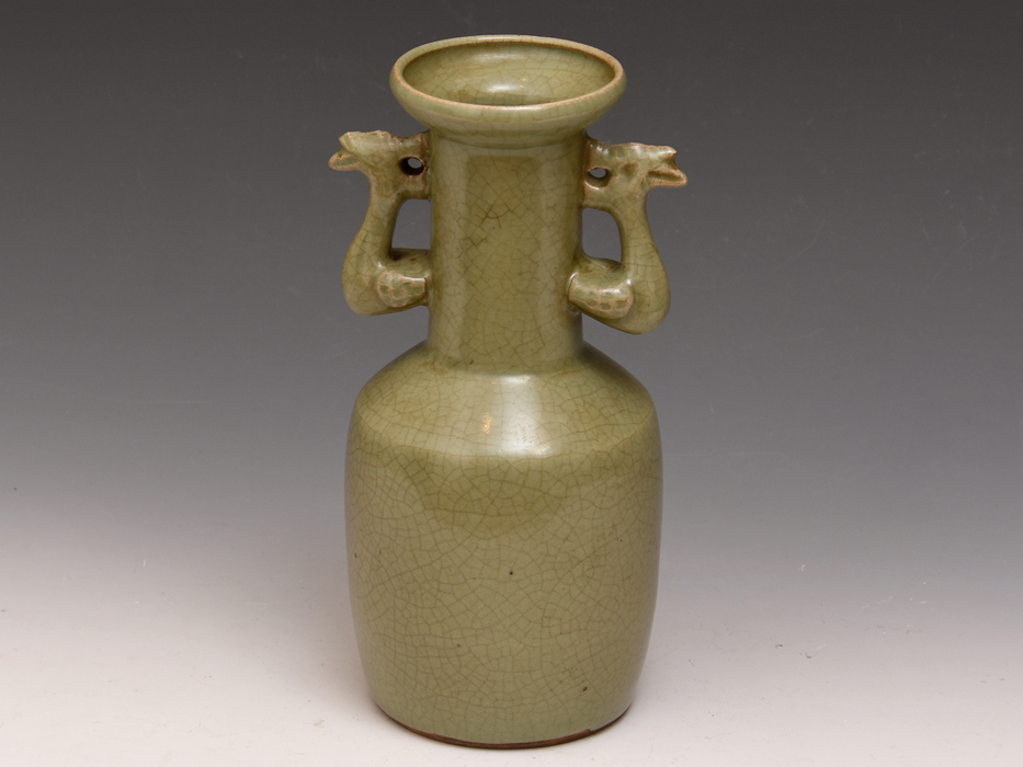 最高級 中国宋時代　双耳青磁花瓶　砧青磁　龍泉窯青磁 陶芸