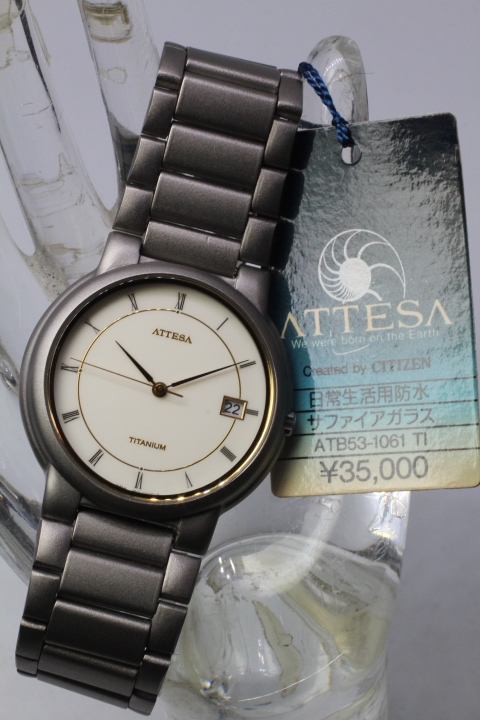 【CITIZEN】ATTESA QUARTZ TITANIUM サファイアガラス Cal.3810 未使用時計 電池交換済み 老舗の時計店在庫品 定価35,000円当時値札付き