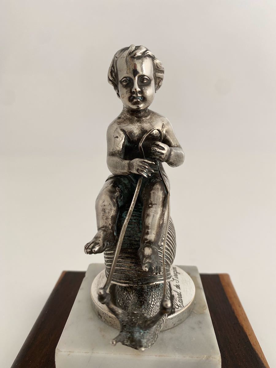 Cupid sitting astride a snail\'s shell,1920s silvered bronze FRANCE.katatsumli.... angel very unusual mascot..