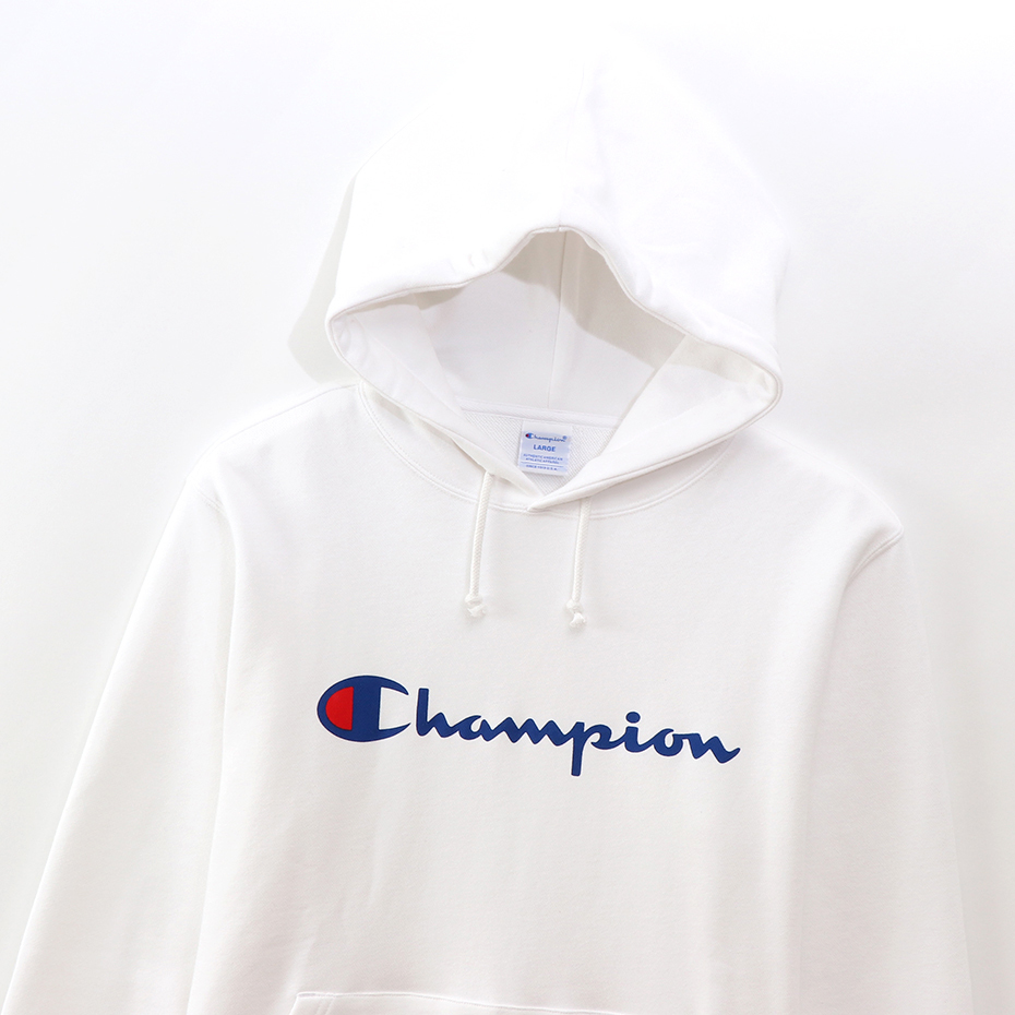 新品 Champion フーデッドスウェットシャツ 21SS ベーシック チャンピオン ビッグロゴ パーカー フード 白 ホワイト 長袖 L 秋夏用 刺繍_画像1