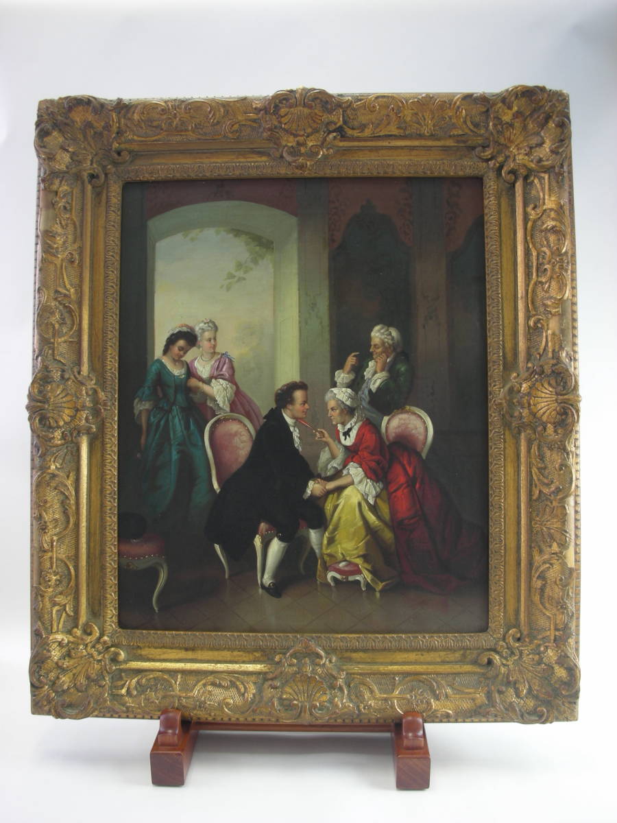上品なスタイル アンティーク19世紀西洋絵画「娘の婚約者を見定める母親」油絵★西洋アンティーク その他