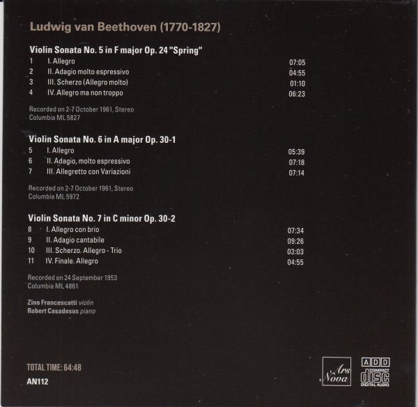 [CD/Ars Nova]ベートーヴェン:ヴァイオリン・ソナタ第4-7番/Z.フランチェスカッティ(vn)&R.カサドシュ(p) 1950-1961_画像2