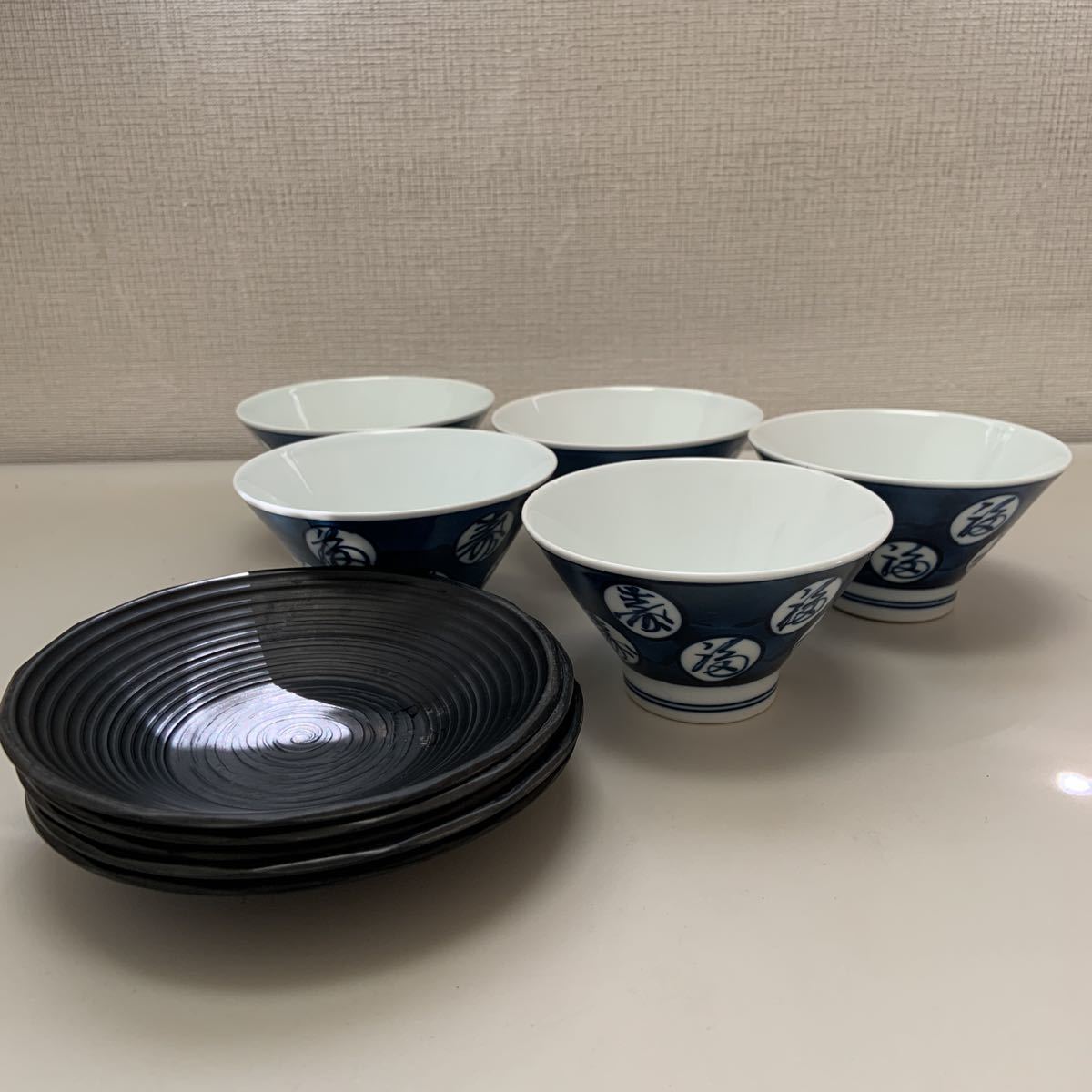 湯呑5客＆茶托5枚セット(紺 黒 緑茶)_画像2