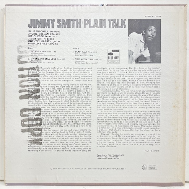 □即決 Jimmy Smith / Plain Talk 30368 オリジナル RVG Jackie McLean