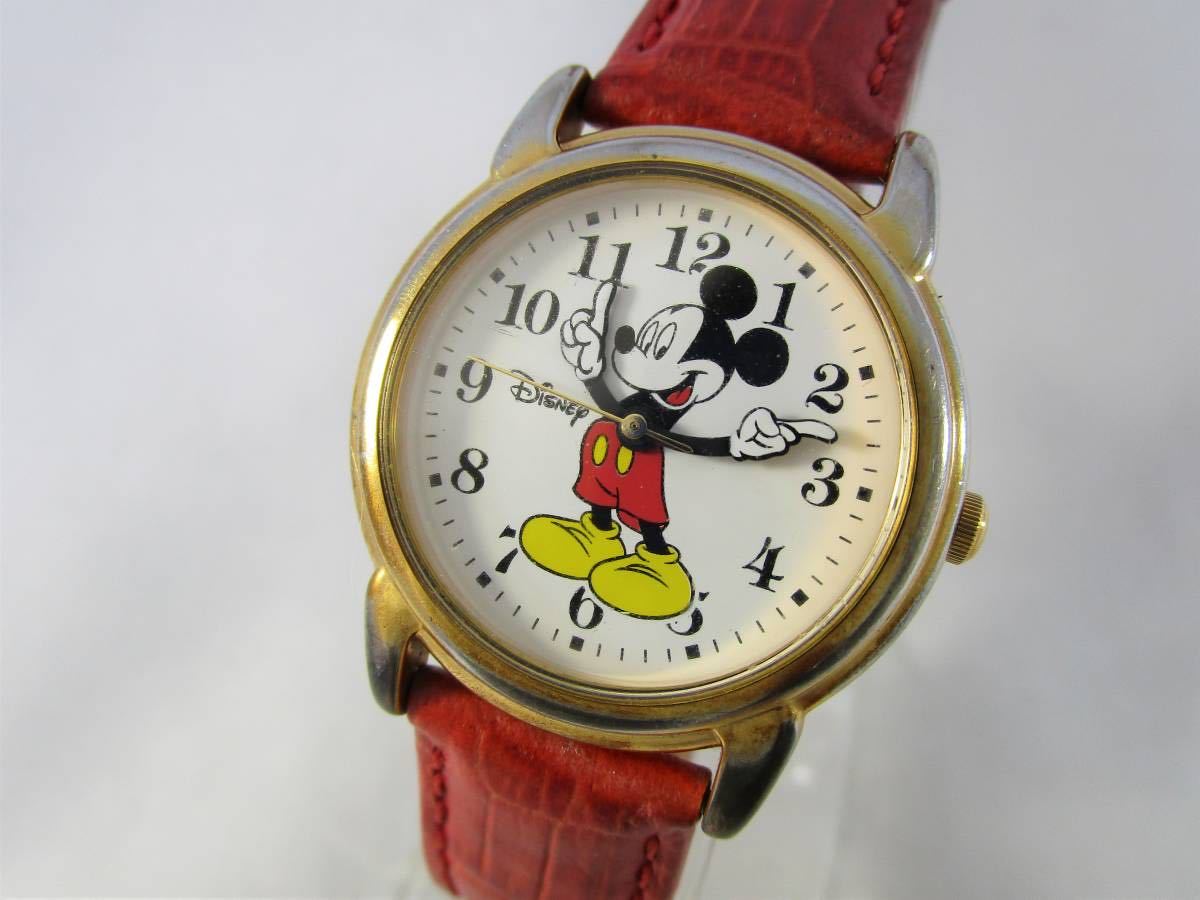ミッキー マウス 腕時計 アメリカ DISNEY ディズニー ブランド 男性用 女性用 ビンテージ キャラクター ウォッチ 新品 電池 赤い革ベルト_画像1