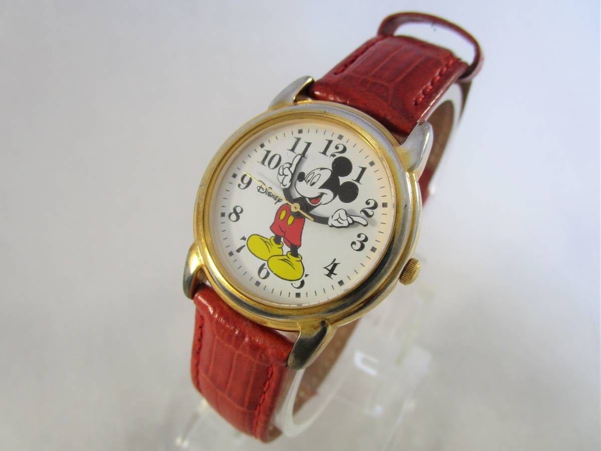 ミッキー マウス 腕時計 アメリカ DISNEY ディズニー ブランド 男性用 女性用 ビンテージ キャラクター ウォッチ 新品 電池 赤い革ベルト_画像2