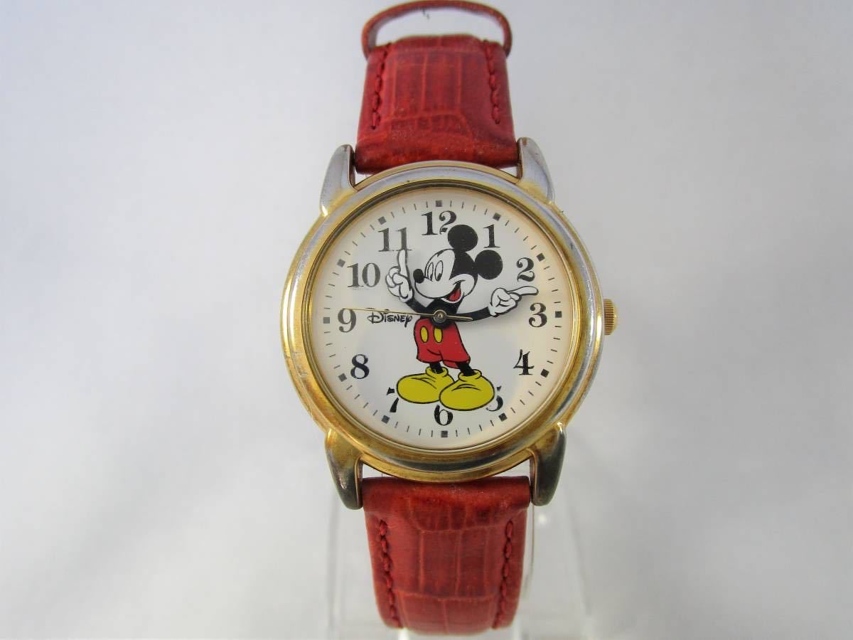 ミッキー マウス 腕時計 アメリカ DISNEY ディズニー ブランド 男性用 女性用 ビンテージ キャラクター ウォッチ 新品 電池 赤い革ベルト_画像4