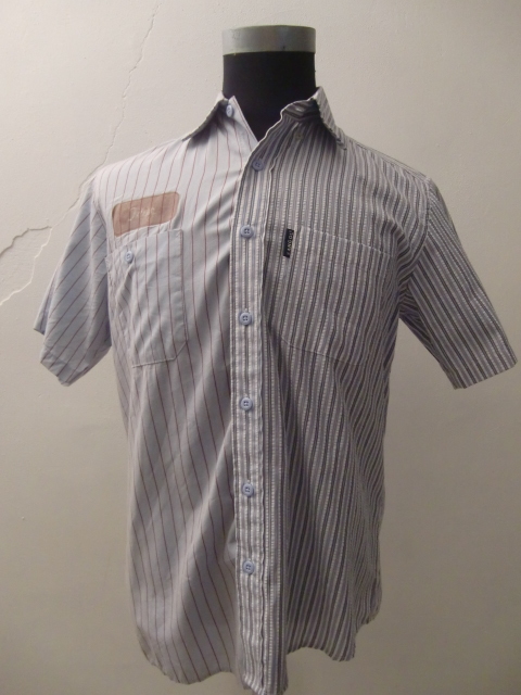 送料無料 80's~90's USA製 再構築 ドッキング ワークシャツ 半袖 ストライプ シャツ リメイク VINTAGE ンテージ アメリカ製 80年代 90年代 _画像1