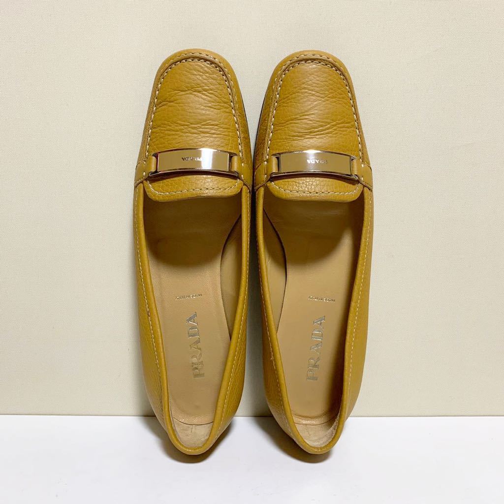 ☆良品 プラダ PRADA シボ革 ロゴ プレート フラットシューズ