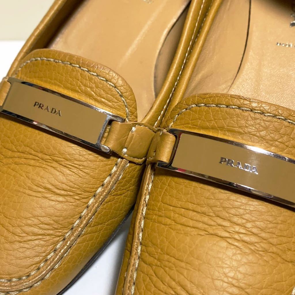 ☆良品 プラダ PRADA シボ革 ロゴ プレート フラットシューズ