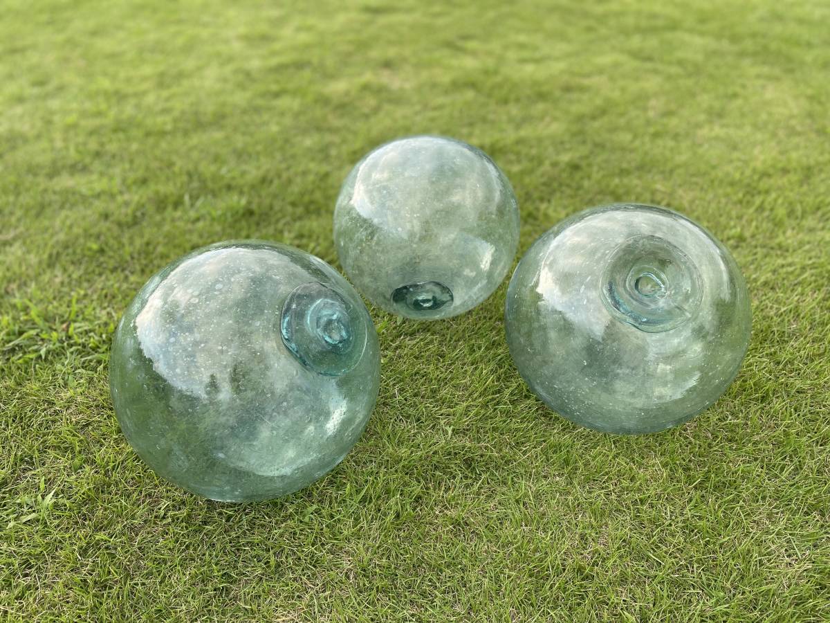 【あす楽対応】 レトロ　漁具　ガラス玉　瓶玉　浮き玉　気泡ガラス　２４ｃｍ◆インテリア　ガーデニング　ディスプレイ　３個セット 工芸ガラス