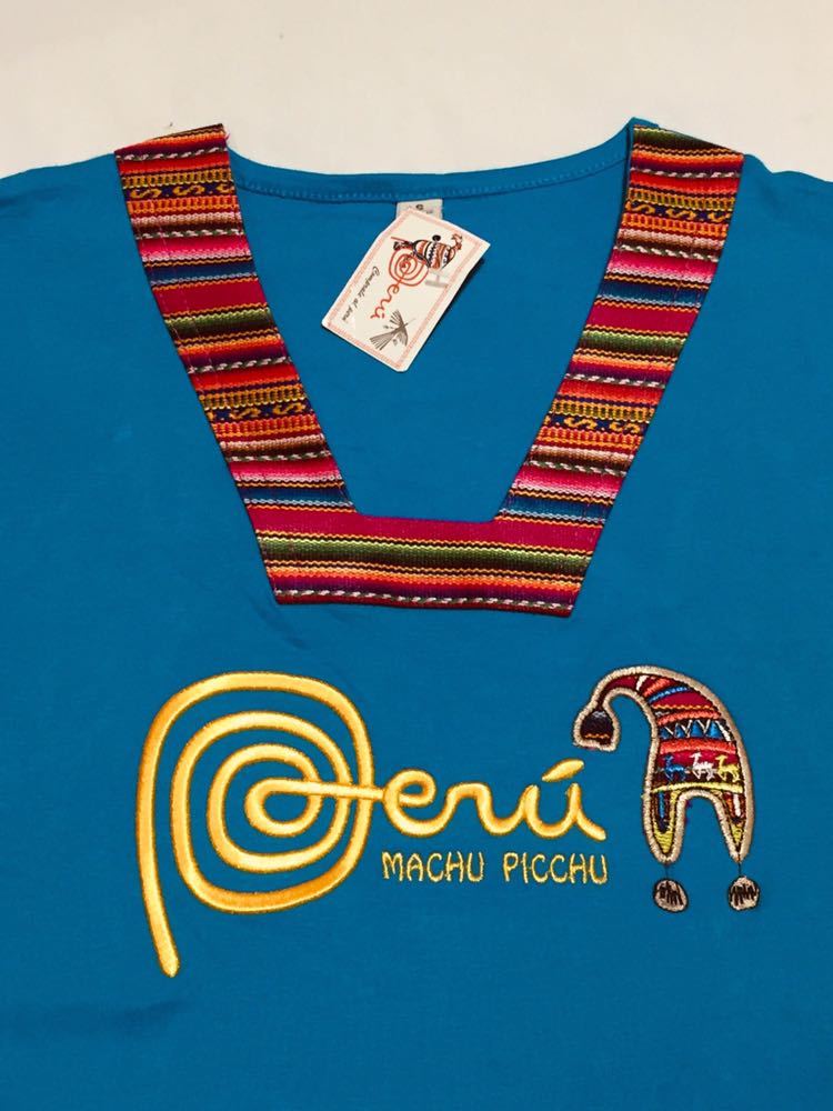 マチュピチュ　ペルー製　新品　ロゴ刺繍　Tシャツ　カットソー　民族織物　ブルー　レディース　Sサイズ_画像2