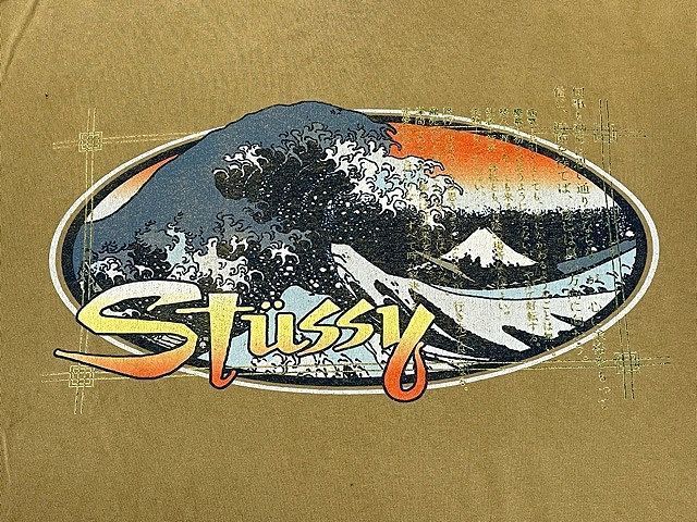 90’s 90年代 アメリカ製 OLD STUSSY オールドステューシー Tシャツ 北斎 海山遊人流転石 カーキ ビッグシルエット XL [tal-0097]_画像1
