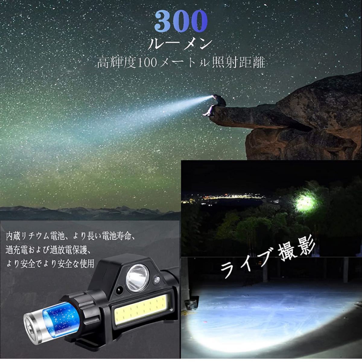 LEDヘッドライト300ルーメン高輝度超軽量IPX6防水usb充電式ヘッドランプ