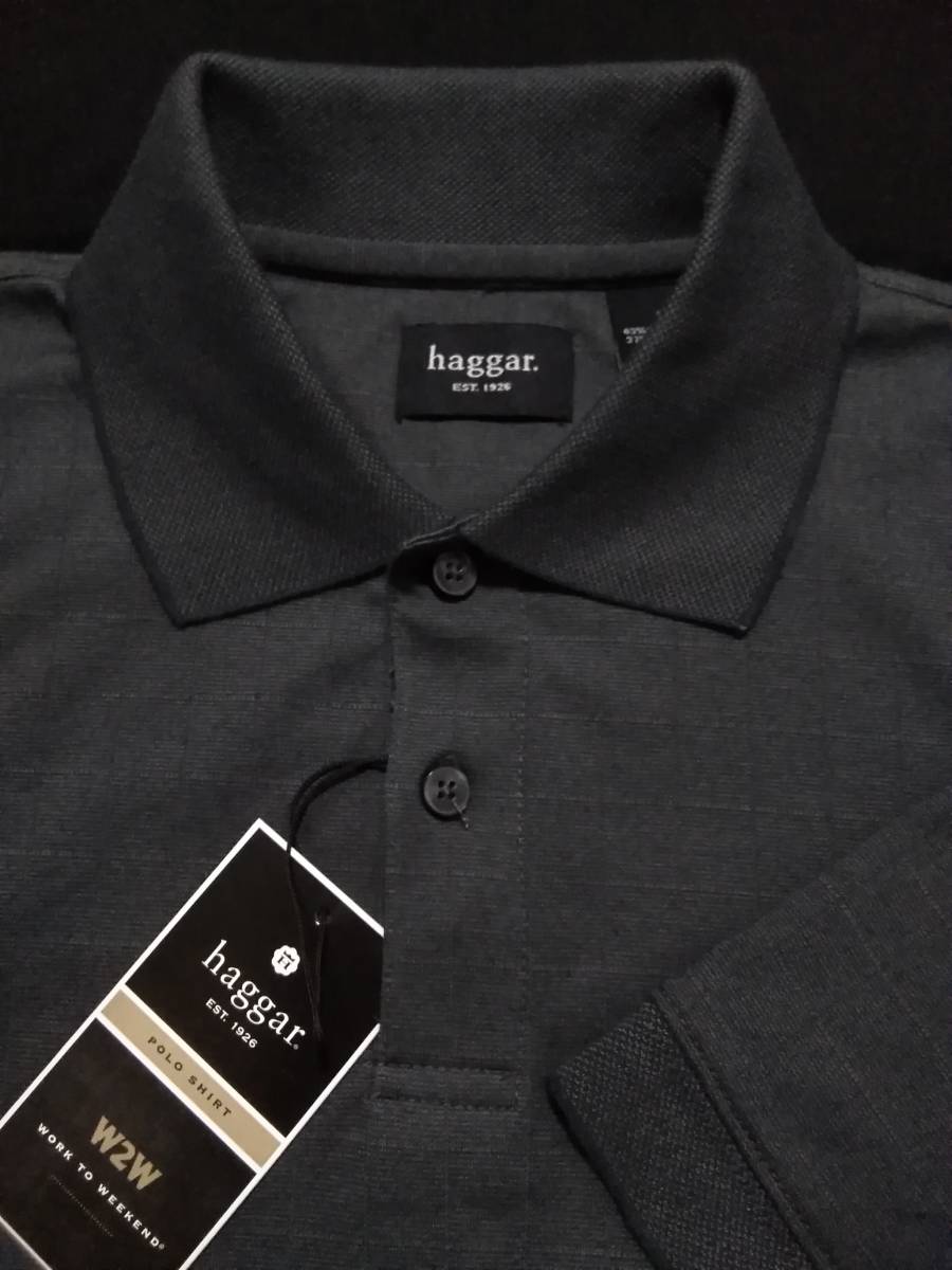 未使用／送料210円～□haggar ハガー□ポリエステル混　半袖ポロシャツ／グラフチェック柄　チャコール／Ｓ表記(着丈長めＭ相等)_画像1