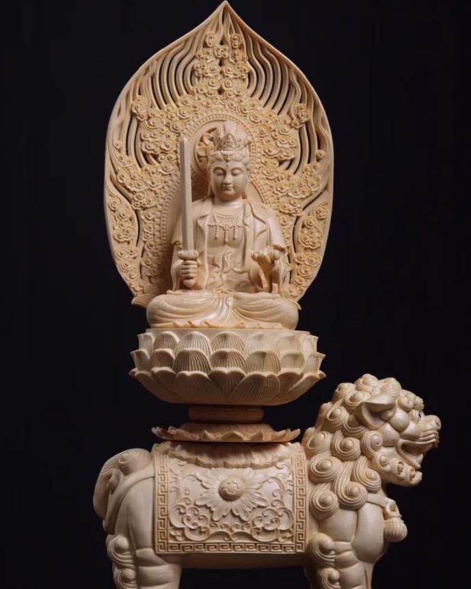仏教美術 精密彫刻 仏像 手彫り 極上品 文殊菩薩座像　普賢菩薩座像　 高さ約36.5cm_画像6