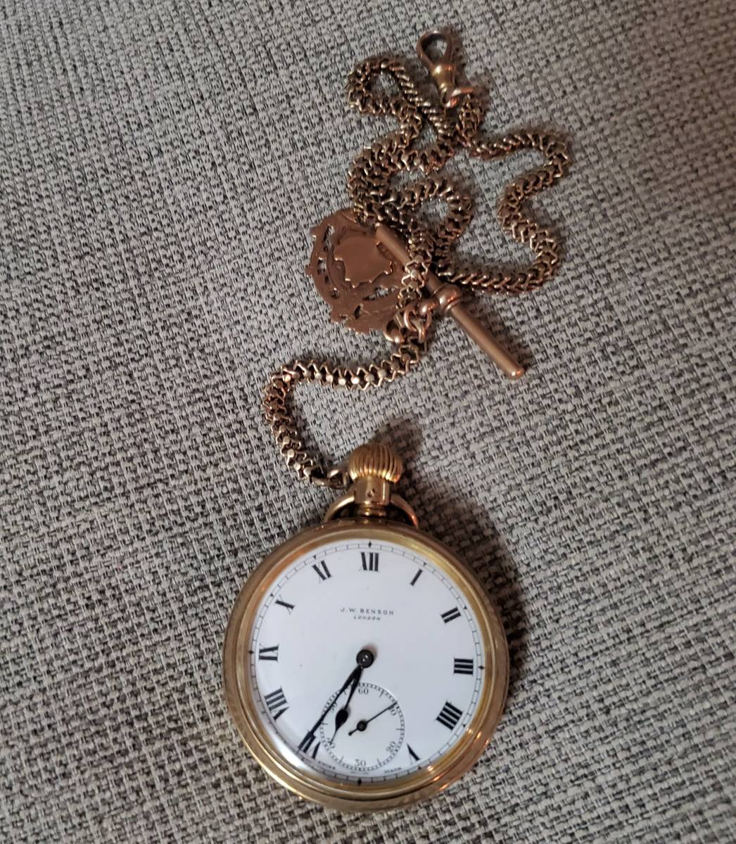 * ценный хорошо прекрасный товар 1931 год производства J.W.Benson 9K 9 чистое золото желтое золото автоматический карманные часы цепь есть Ben son античный Vintage 