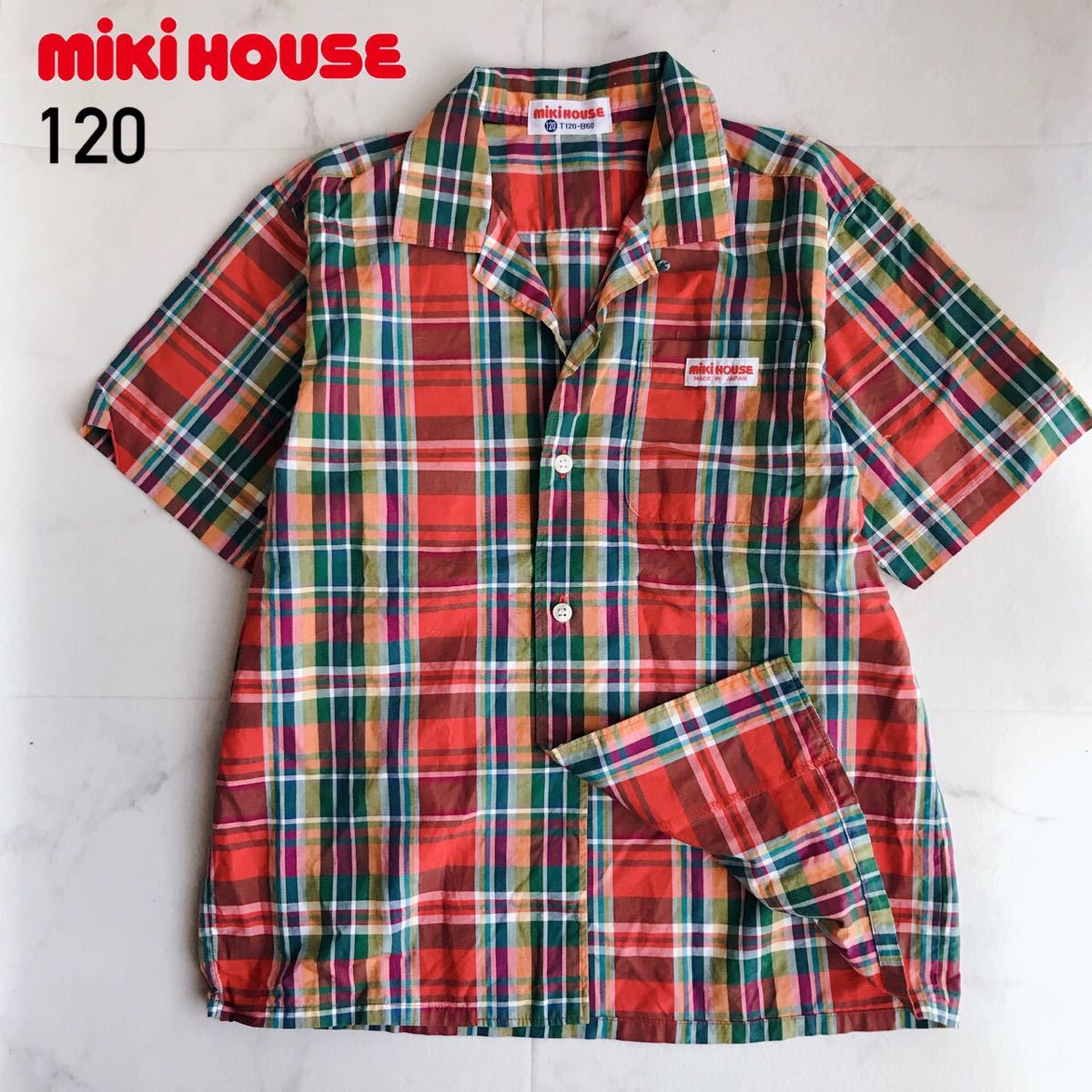 # postage included # prompt decision # beautiful goods 120 MIKIHOUSE Miki House retro short sleeves noba check shirt Logo red made in Japan man rare Vintage old tag 