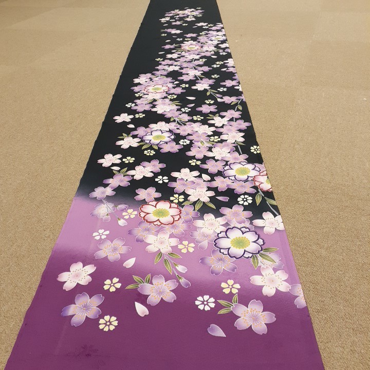 正絹　80403　黒色　紫色　花柄　桜柄　シルク350cm　はぎれ　ハギレ　リメイク　ハンドメイド