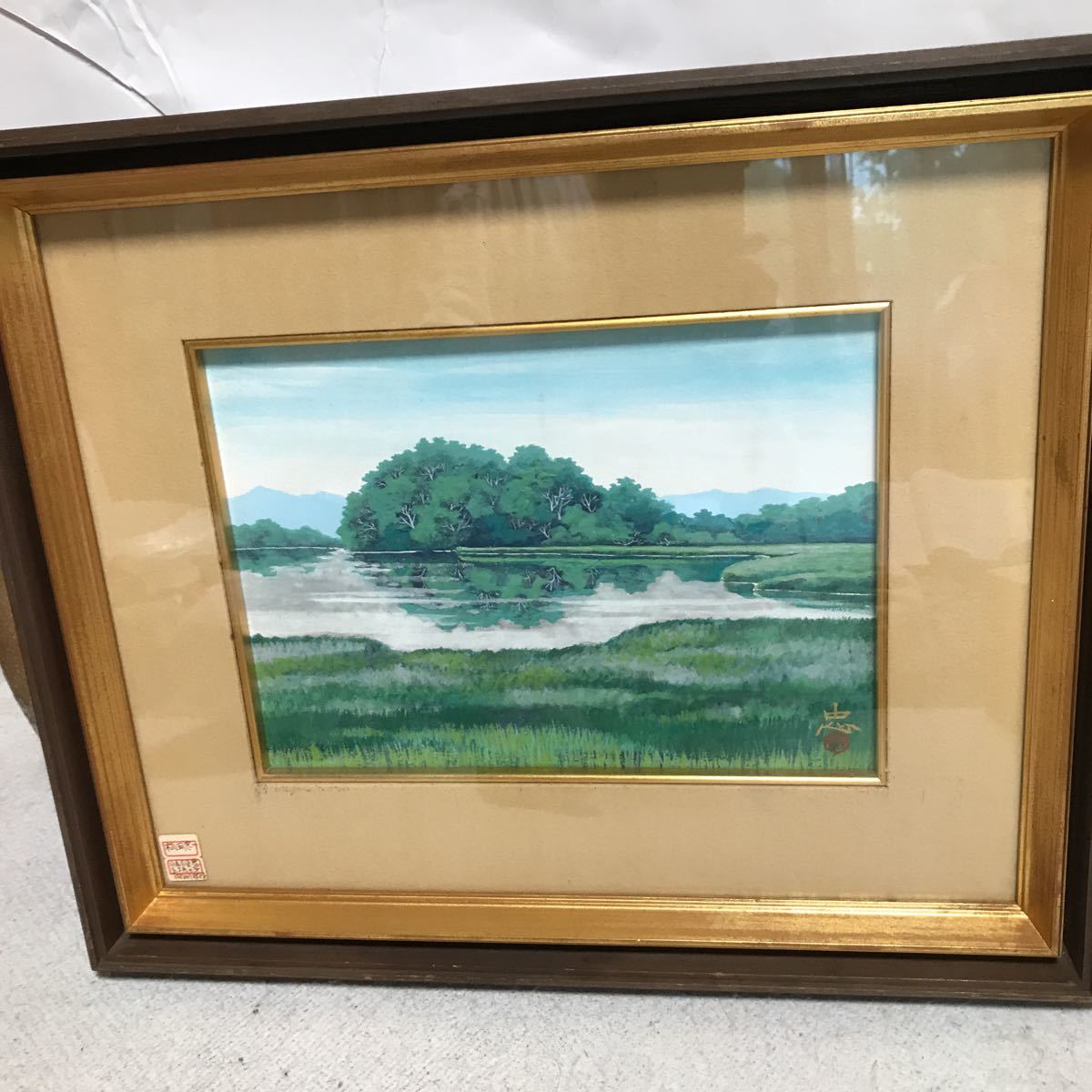 高評価! 自然 風景画 ガラス額付き 山 緑 絵画 壁掛け インテリア 湖