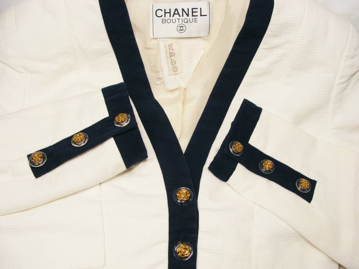 CHANEL シャネル カメリア 金 ボタン バイカラー ノーカラー コットン