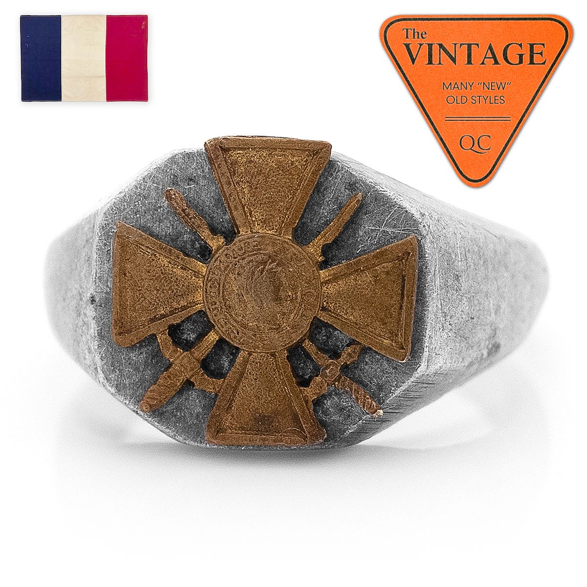 希少 1910's WWI フランス ヴィンテージ ミリタリー クロス 十字 リング アンティーク 11号 ピンキーリング 小指指輪 アルミ シルバー 86