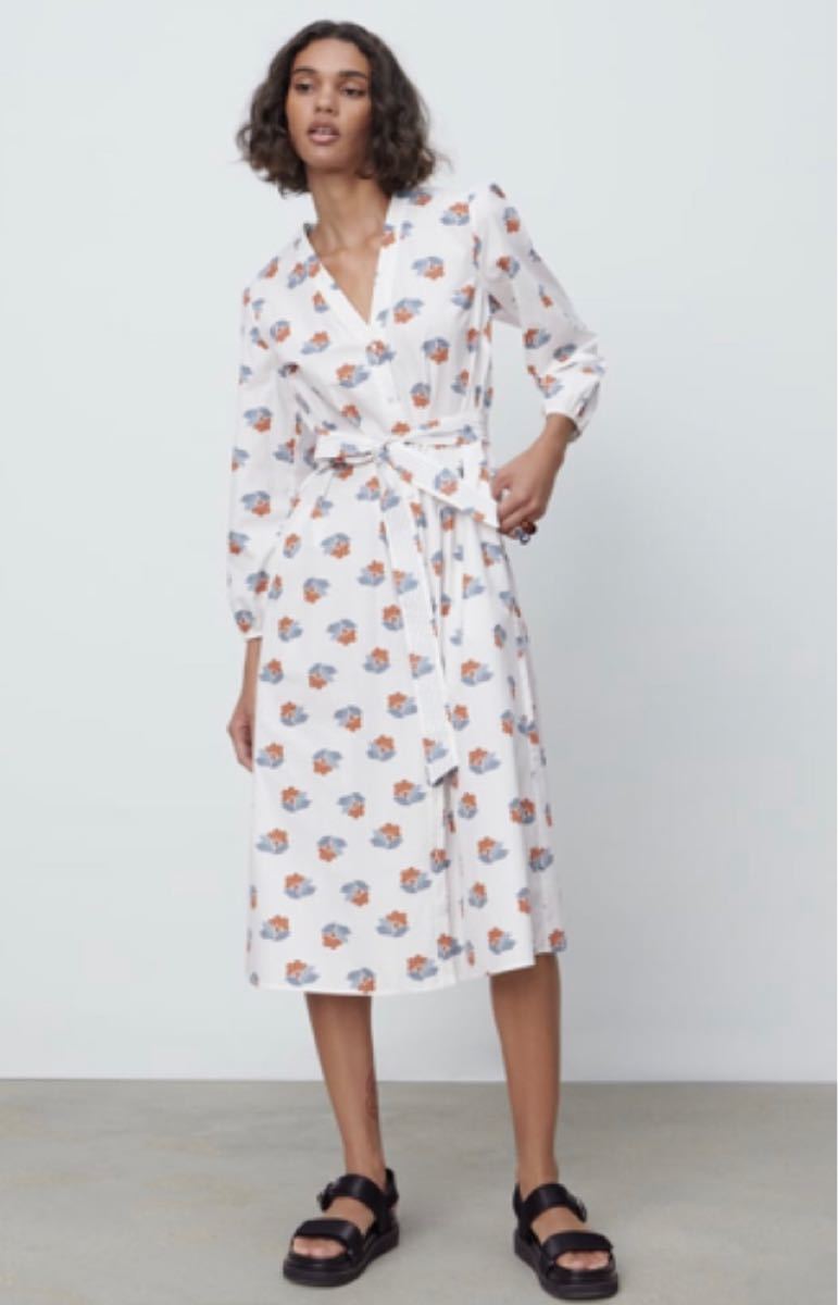 新品 ZARA ポプリン プリント柄 ミディ丈ワンピース Mサイズ V 新品 ZARA ポプリン プリント柄 ミディ丈ワンピース Mサイズ V