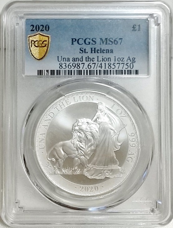 1円スタート★PCGS MS67 2020年 セントヘレナ ウナとライオン 1オンス 1ポンド 銀貨 BU イギリス 東インド社 ウナライオン 1oz Silver_画像1