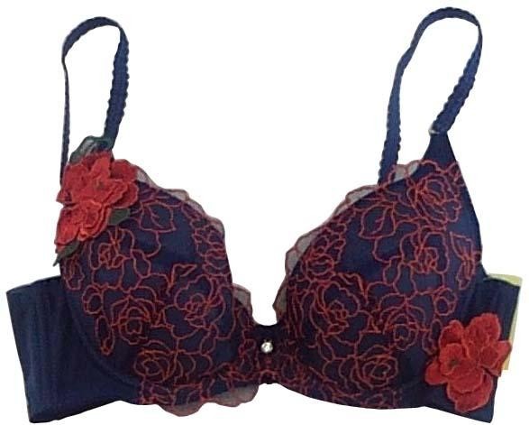 SI5987-7◇ 新品 ブラジャー 肩紐調節可 内側パネル付 カップ刺繍 谷間ストーン付 B75サイズ ネイビーブルー 送料 350円