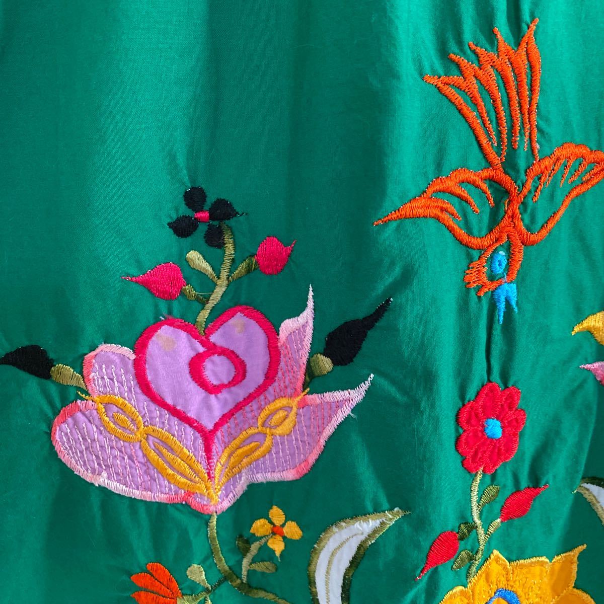 メキシコ 民族 ワンピース 刺繍 ロング 緑 ビンテージ vintage 古着 孔雀 花柄 M～L Mexican embroidery dress  ロスアンジェルス$280購入