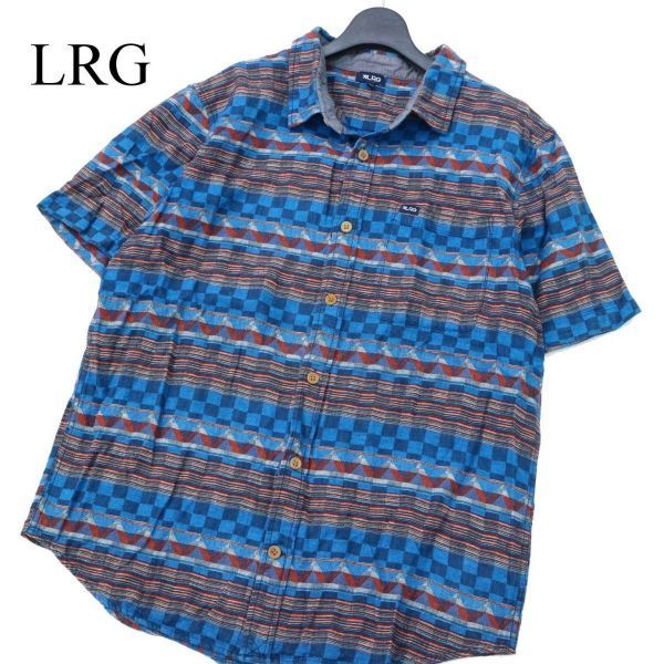 LRG エルアールジー 春夏 ボーダー チェック★ デザイン総柄 半袖 シャツ Sz.L　メンズ　A1T05677_5#A_画像1