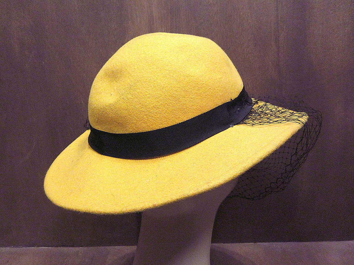 ビンテージ70’s80’s●レディースヴェール付きフェルトハット黄色●210827s5-w-ht-flt 1970s1980s帽子USA製女性用ソフト帽ウール_画像2