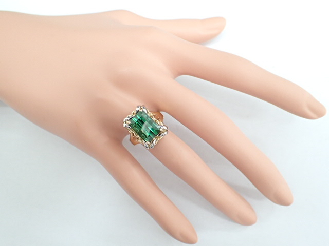 美品 K18×Pt900 グリーントルマリン6.30ct デザイン リング 指輪-