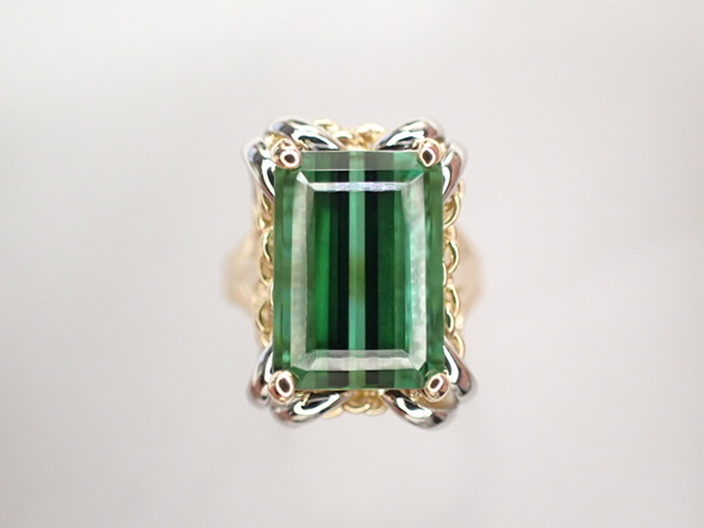 美品 K18×Pt900 グリーントルマリン6.30ct デザイン リング 指輪-