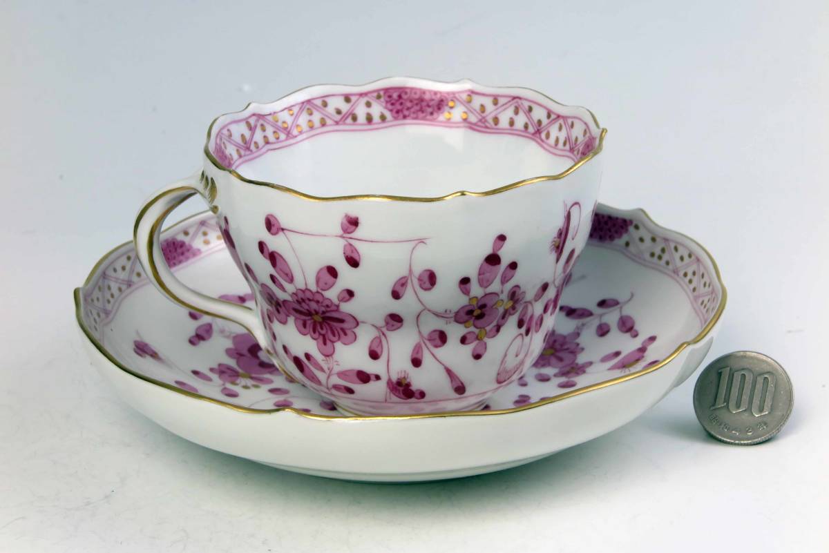 マイセン = 豪華 ピンク・インド花 絵付け ・ カップ&ソーサー (1級品