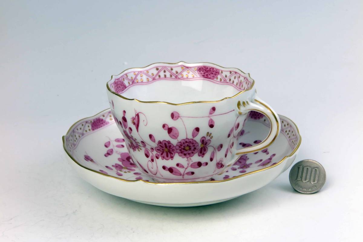 マイセン = 豪華 ピンク・インド花 絵付け ・ カップ&ソーサー (1級品