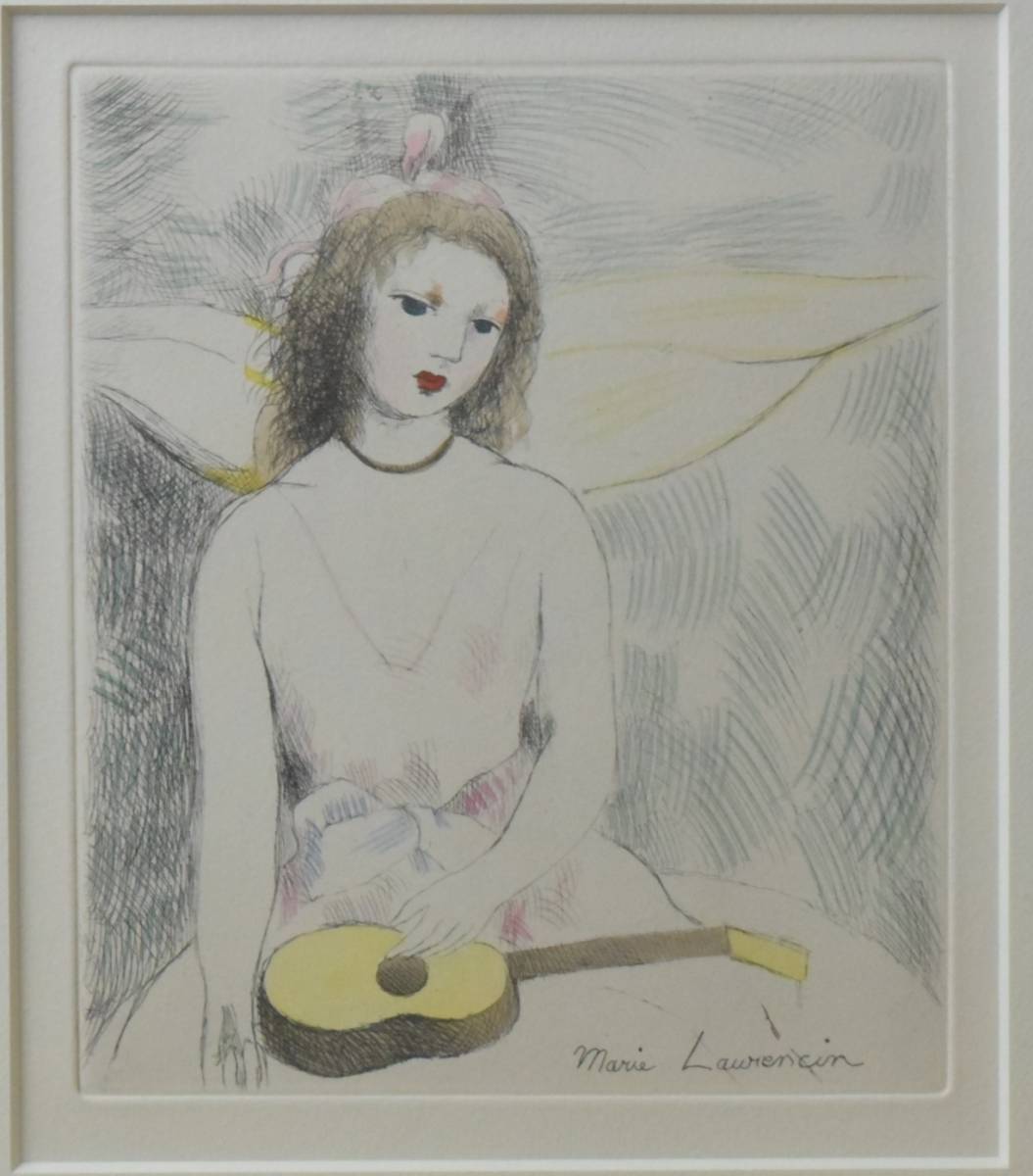 多様な マリー・ローランサン 1946　ギターを持った乙女 エッチング 手彩 真作 銅版画、エッチング