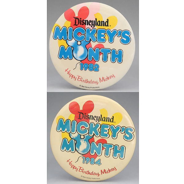 ディズニー　ミッキー　缶バッジ　Mickey's Month Happy Birthday Mickey 1982年＆1984年　2個　ディズニーランド　USA　ミッキー月間_画像1