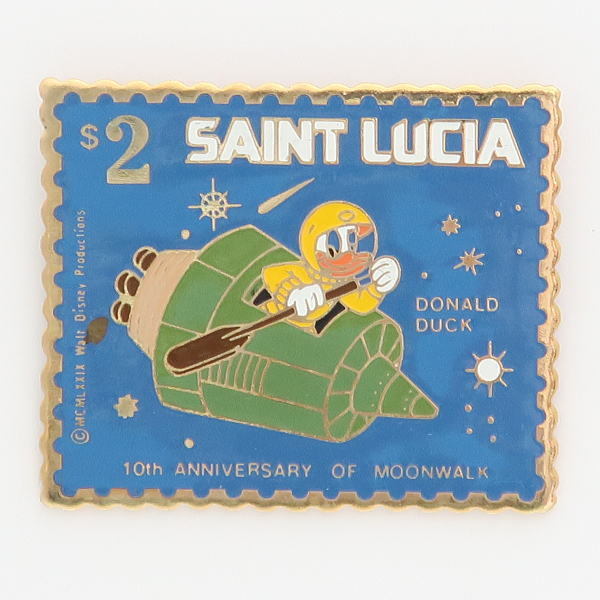 ディズニー　ドナルド　スタンプ・ピン　宇宙船を漕ぐ　1990年代リリース　Saint Lucia発行の切手がモチーフ_画像1