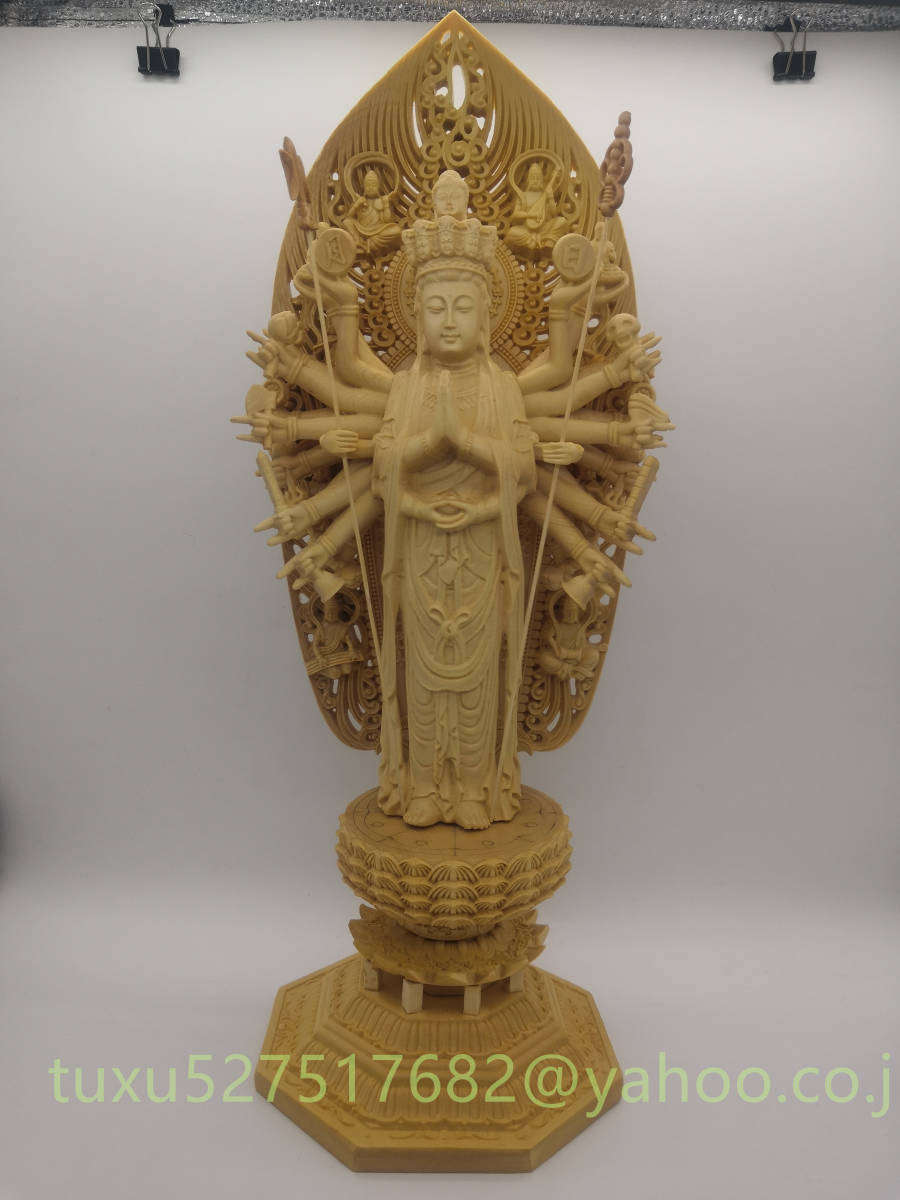 極上品　総檜材 千手観音 千手観音菩薩 仏教美術 精密彫刻 仏像 仏師で仕上げ品 観音菩薩 大型43cm