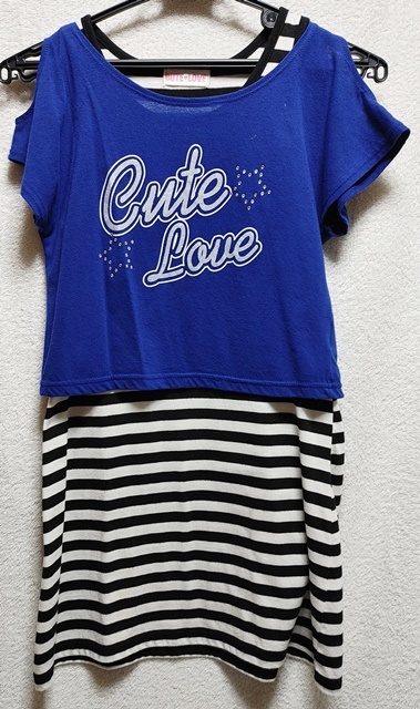 150㎝ CUTE LOVE ノースリーブワンピース 半袖 Tシャツ アンサンブル 白×黒ボーダー/青_画像1
