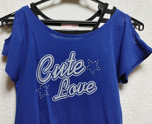 150㎝ CUTE LOVE ノースリーブワンピース 半袖 Tシャツ アンサンブル 白×黒ボーダー/青_画像3