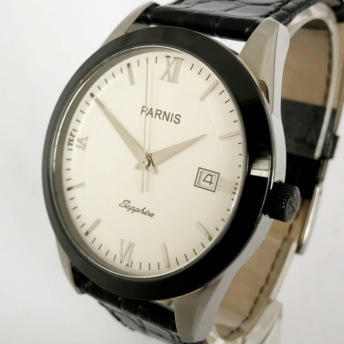 新品 PARNIS パーニス 紳士用腕時計 40mm 最大80%OFFクーポン サファイアガラス 白文字盤ギリシャ数字 デイト表示 人気商品の クォーツ ブラックベゼル