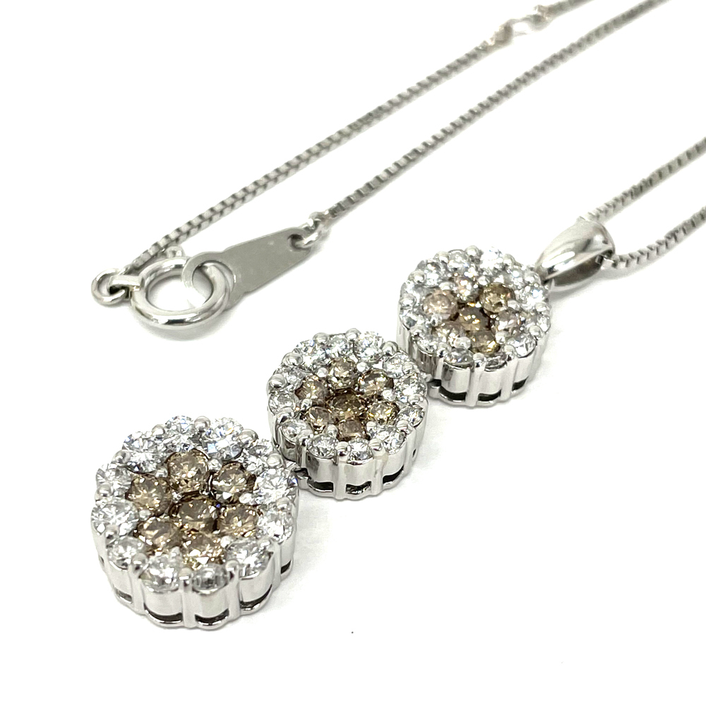 美品】Pt900/Pt850 ダイヤ ブラウンダイヤ 三連 2.00ct ネックレス