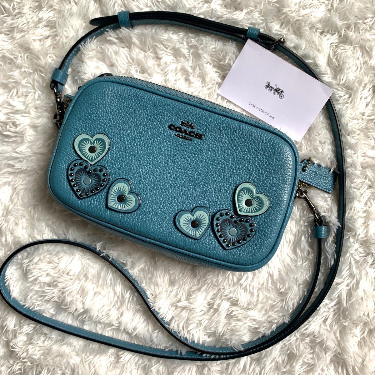 COACH コーチ ショルダーバッグ クロスボディ ポーチ 2wayアップリケ ティーローズ ハート レザー ブルー 青 水色